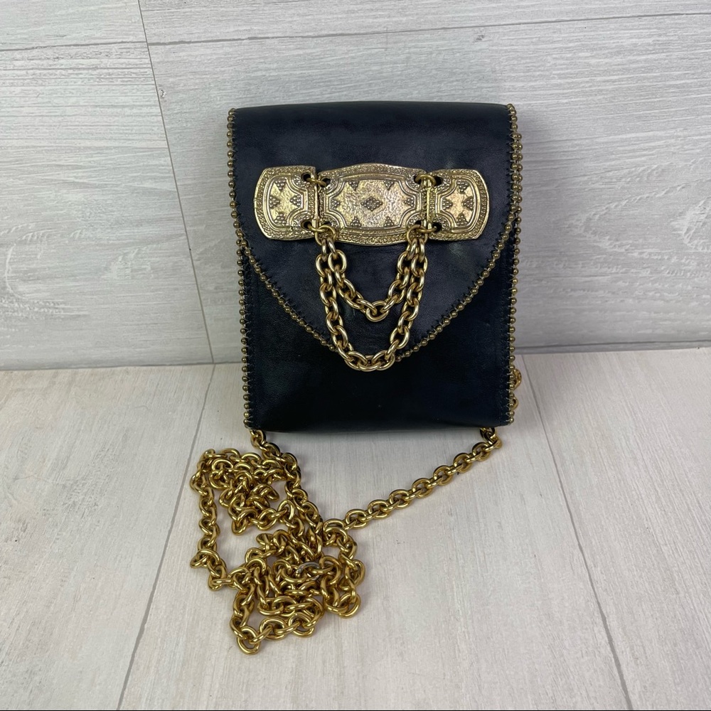 Vintage 90’s Nina Arjani Leatherock Genuine Leather Purse Crossbody Brass Chain